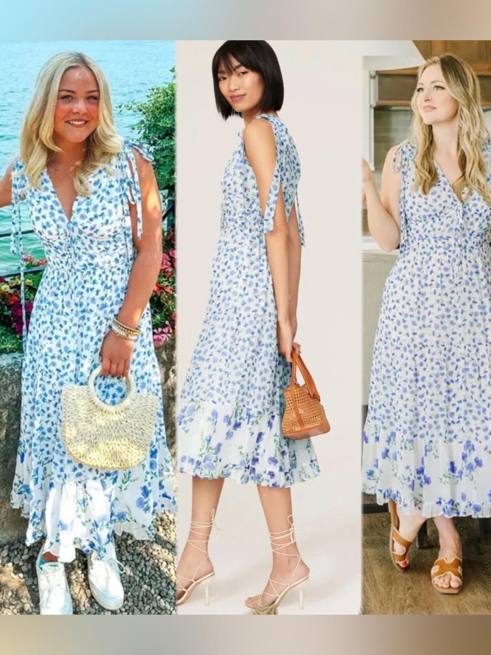 Shoshanna Helena Floral Tie-Sleeve V-Neck Midi Dress - Blue size 8 - Picture 3 of 15
